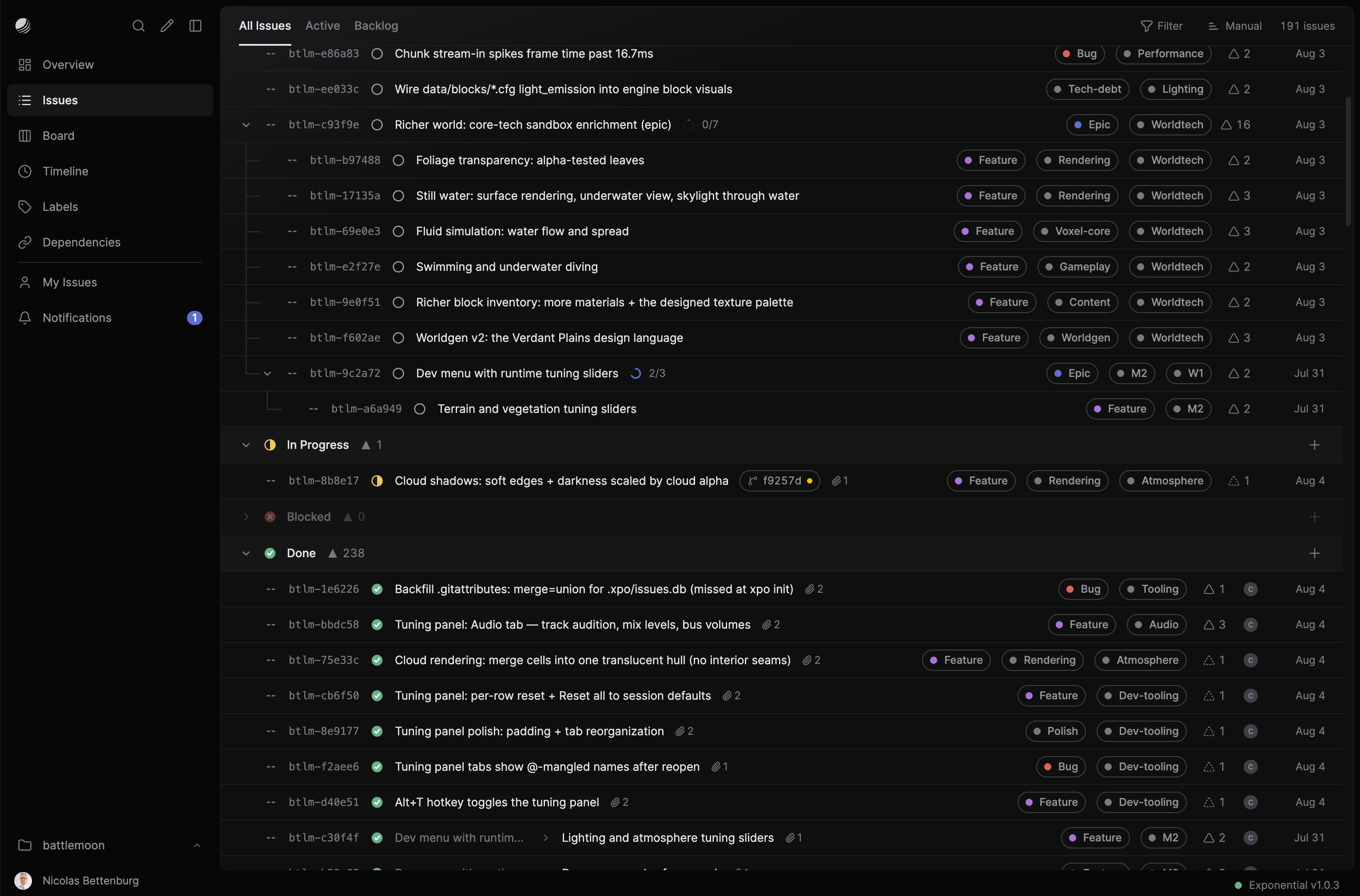 The Battlemoon backlog in Exponential, branch badges and commit counts updating live as agents work