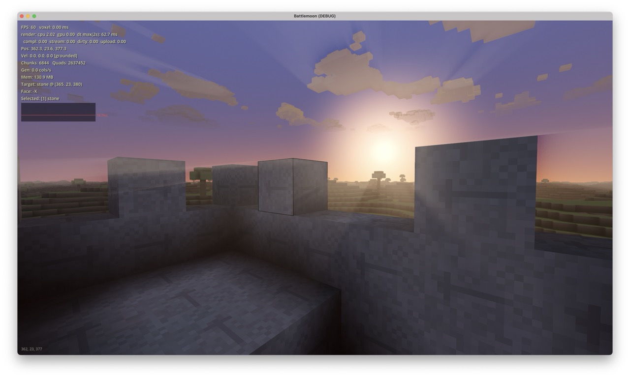 Battlemoon Milestone 1: a voxel sandbox at sunset